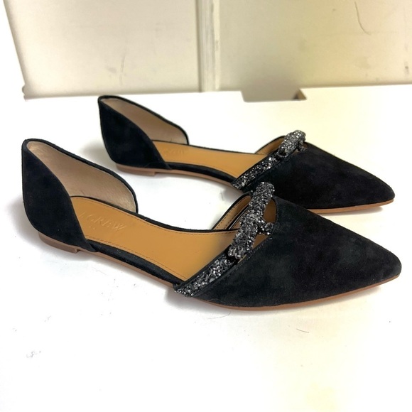 J. CREW BLACK SUEDE POINTED TOE D'ORSEY FLATS GLITTER BOW ACCENT women’s 6M - Picture 2 of 9